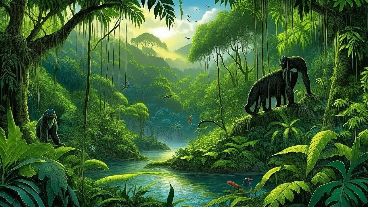 central African rainforest with dense vegetation and forest clearings, winding jungle river reflecting sunlight, gorillas near the water, colorful birds in the canopy, towering tropical trees and thick vines, warm humid atmosphere, naturalist illustration style, highly detailed
