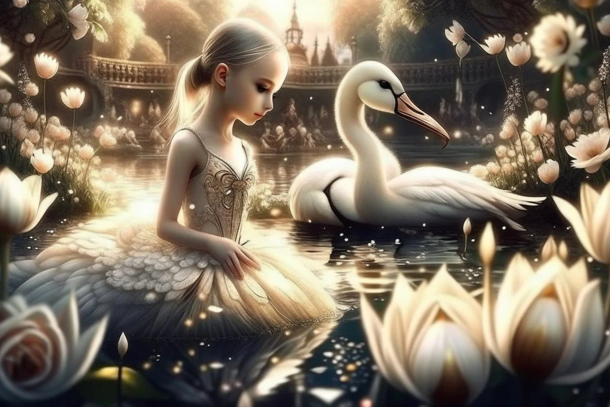 beautiful swan and cute chibi princess in a flowergarden with beautiful flowers, pond, in sunshine, H.R. Giger, anime, steampunk, surreal, watercolor and black in outlines, golden glitter, ethereal, cinematic postprocessing, bokeh, dof