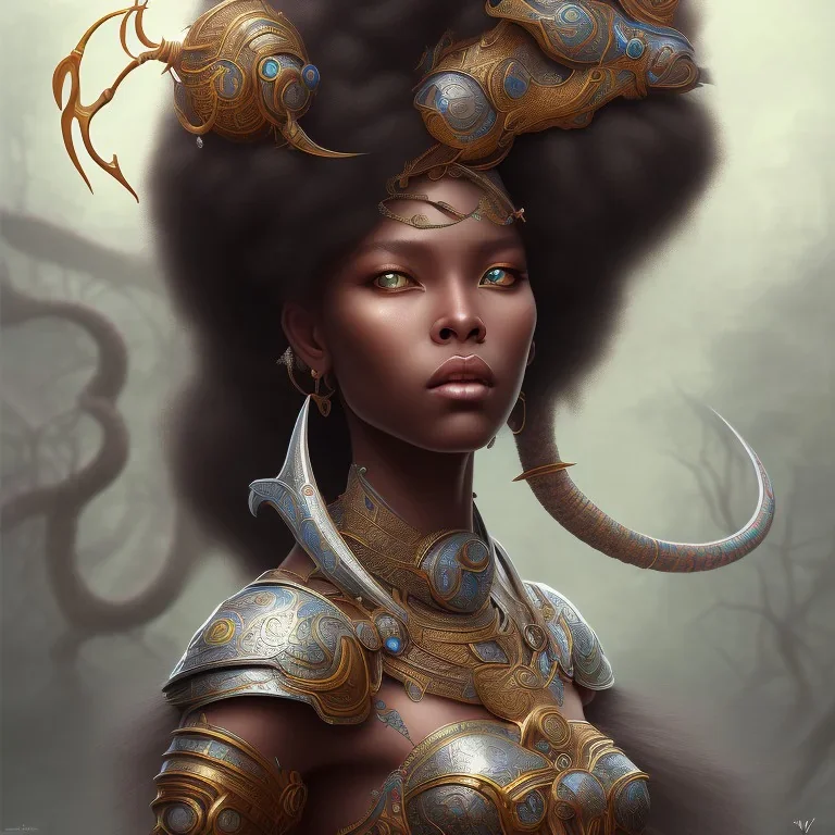 sango fantasy, fantasy magic, intricate, sharp focus, illustration, highly detailed, digital painting, concept art, matte, masterpiece head sexy view black African beauty black afro hair space lady turquoise one head dragon skin Indonesian princess facing forward