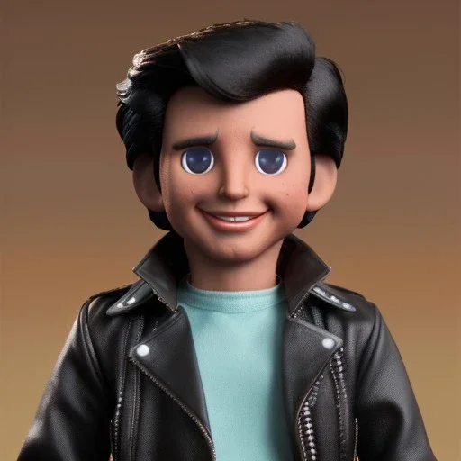 Wide view Young Fonz with black hair greaser figure doll 1977 (thumbs-up) (face) Forehead grin, fonzarelli, ((arnold's drive-in)) fonzie