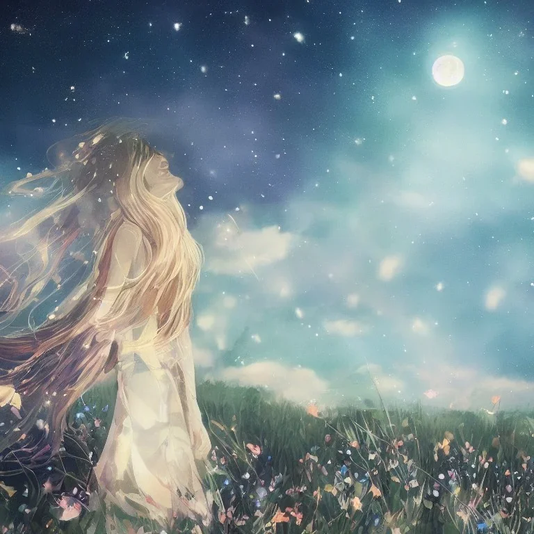 a portrait of a cute girl with a luminous dress, eyes shut, mouth closed, long hair, wind, sky, clouds, the moon, moonlight, stars, universe, fireflies, butterflies, lights, lens flares effects, swirly bokeh, brush effect, In style of Yoji Shinkawa, Jackson Pollock, wojtek fus, by Makoto Shinkai, concept art, celestial, amazing, astonishing, wonderful, beautiful, highly detailed, centered