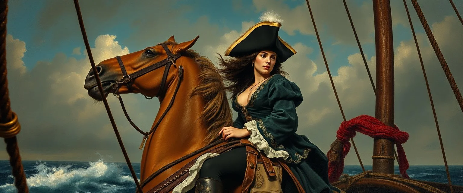 pin hole cam, master oil painting by Rembrandt, good afternoon scary hot seductive piratress merchant swashbuckler on stallion on ship