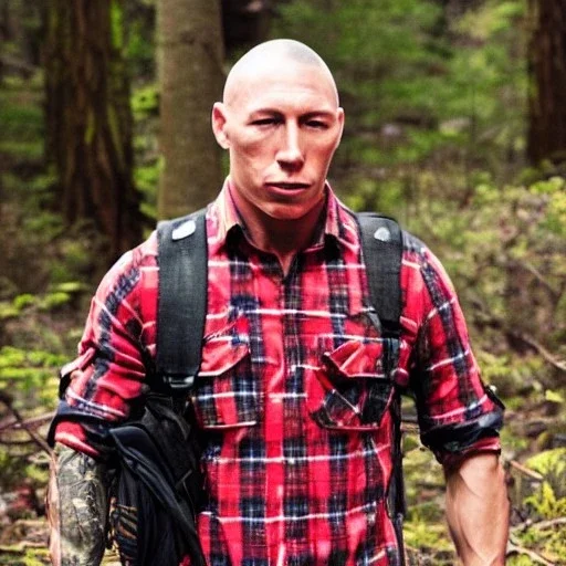 george st pierre bloody with a red plaid shirt a jean and a military backpack surviving in a forest