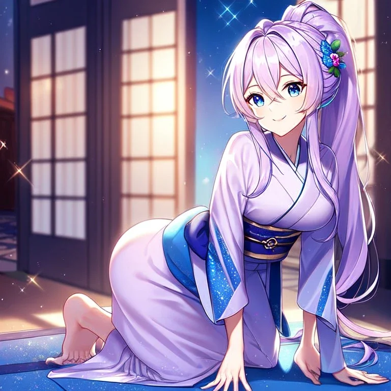 girl, masterpiece, best quality, cinematic lighting, detailed outfit, perfect eyes, long hair, light purple hair, blue eyes, ponytail, kimono, hair between eyes, hair flower, kneeling, indoors, smile, sparkle,