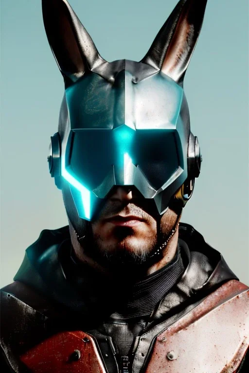 Medium Close Up Portrait, Front image. cyberpunk, rabbit mask helmet, strong man, titanium hair. Latex suit. Brown, black, color. Ghost Ryder style. Color background, photo studio. Avatar image, highly detailed, concept art, smooth, unreal engine 5, ray tracing, RTX, lumen lighting, ultra detail, volumetric lighting, 3d, finely drawn, high definition, high resolution.