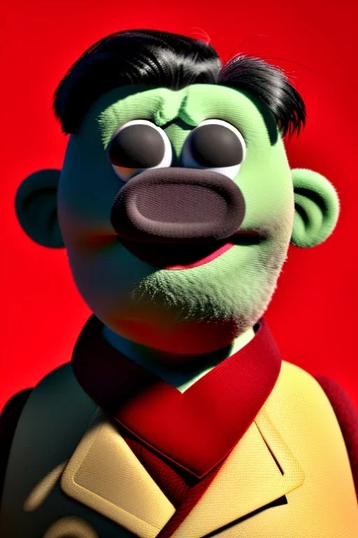 Waist up muppet Portrait, Kim Jong-un muppet doll, black suit, photo studio, red background, unreal engine 5, concept art, art station, god lights, ray tracing, RTX, lumen lighting, ultra detail, volumetric lighting, 3d.