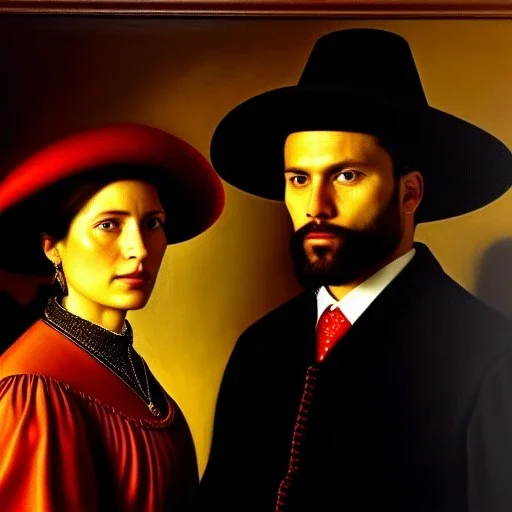 portrait of Jacobo Santiago Mozos born in 1976 and Gemma Arnau Arnau born in 1979,by JAN VAN EYCK, oil on canvas, cinematic composition, extreme detail,8k,fit full head inside picture