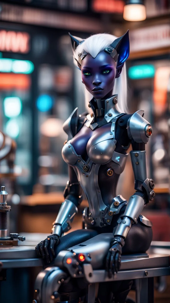 full body portrait of robotic dark elf panther drow princess chilling at the metro barber shop tool shed,bokeh like f/0.8, tilt-shift lens 8k, high detail, smooth render, down-light, unreal engine, prize winning