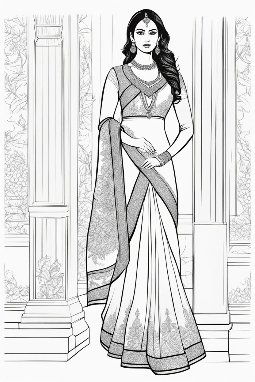 Coloring page for adults of a elegant fashion model woman wearing hindi dress, dynamic poses, full body portrait, thick and clean lines, clean details, no-color, no-turban, no-background, non color, non shading, no-grayscale, dynamic poses, full body portrait, thick and clean lines, clean details, no-color, no-turban, , non background, non color, non shading, no-grayscale, no color hair