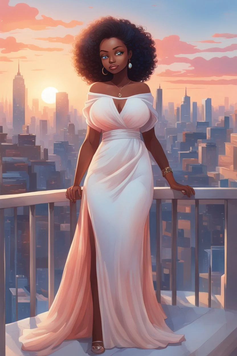 The scene opens onto a serene balcony overlooking a bustling city skyline. The sky above is painted in soft hues of blue and peach as the sun begins its descent, casting a warm glow over everything it touches. In the foreground stands a captivating figure, airbrush chibi cartoon curvy black woman exuding confidence and elegance. She is adorned in a flowing white knit maxi dress that hugs her curves in all the right places, accentuating her silhouette. Her choice of footwear is equally stunning