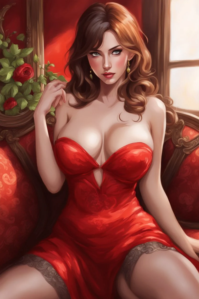 A stunning, seductive woman in a fiery red dress, casting a shy glance over her shoulder. cartoon style