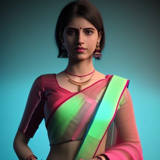 full body photo of a girl in saree in dark room with neon light ,hyperrealistic,detailed,8k,cinematic