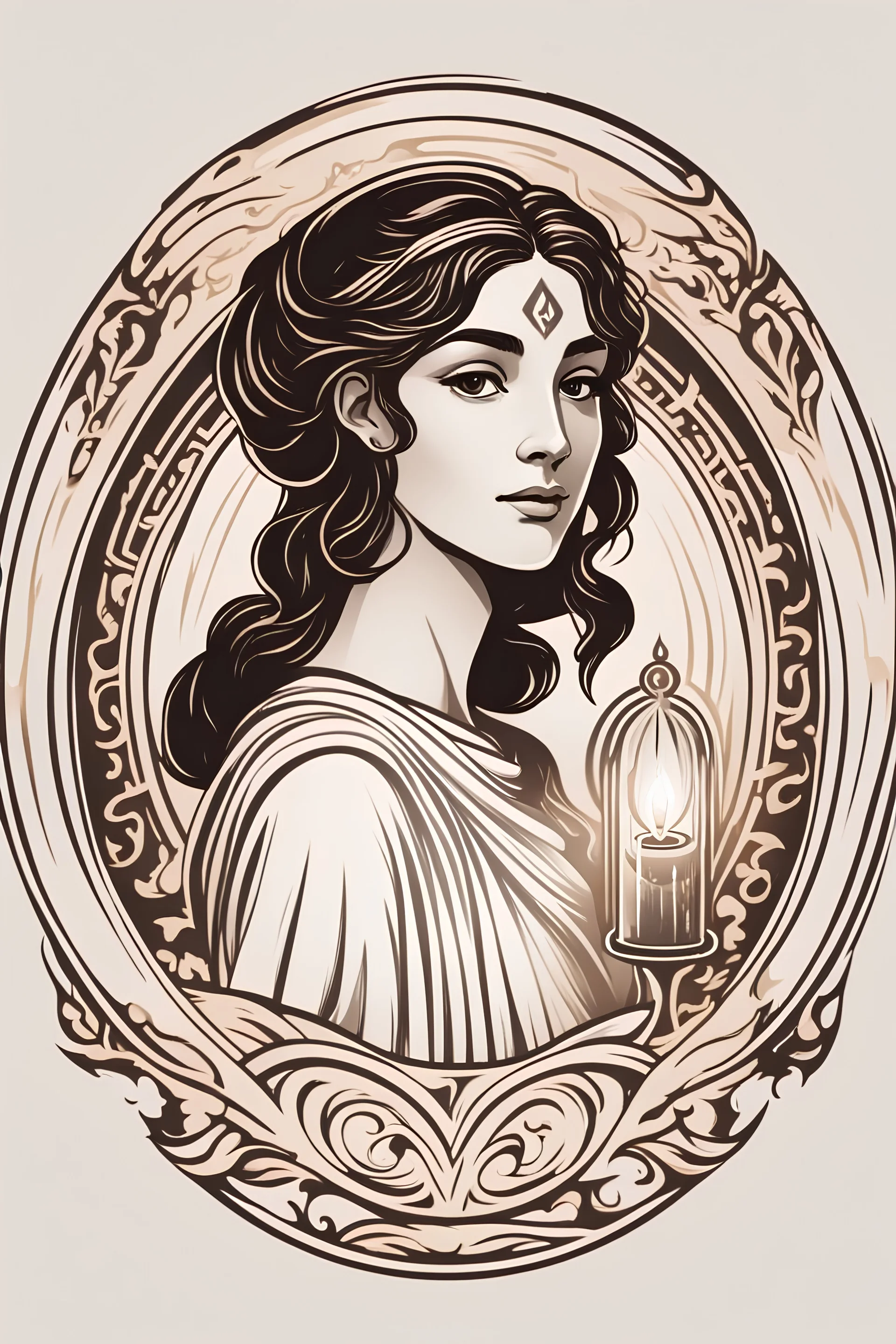 The logo design entails a circular frame, symbolizing unity and continuity. Within this frame, a girl with prominent Greek features is depicted. She exemplifies grace and elegance, conveying a sense of timeless beauty. The girl is positioned in the center, holding a burning candle, which represents enlightenment, knowledge, and the power of intelligence. The flame of the candle shines brightly, signifying the illuminating capabilities of artificial intelligence. The girl's facial expression is c