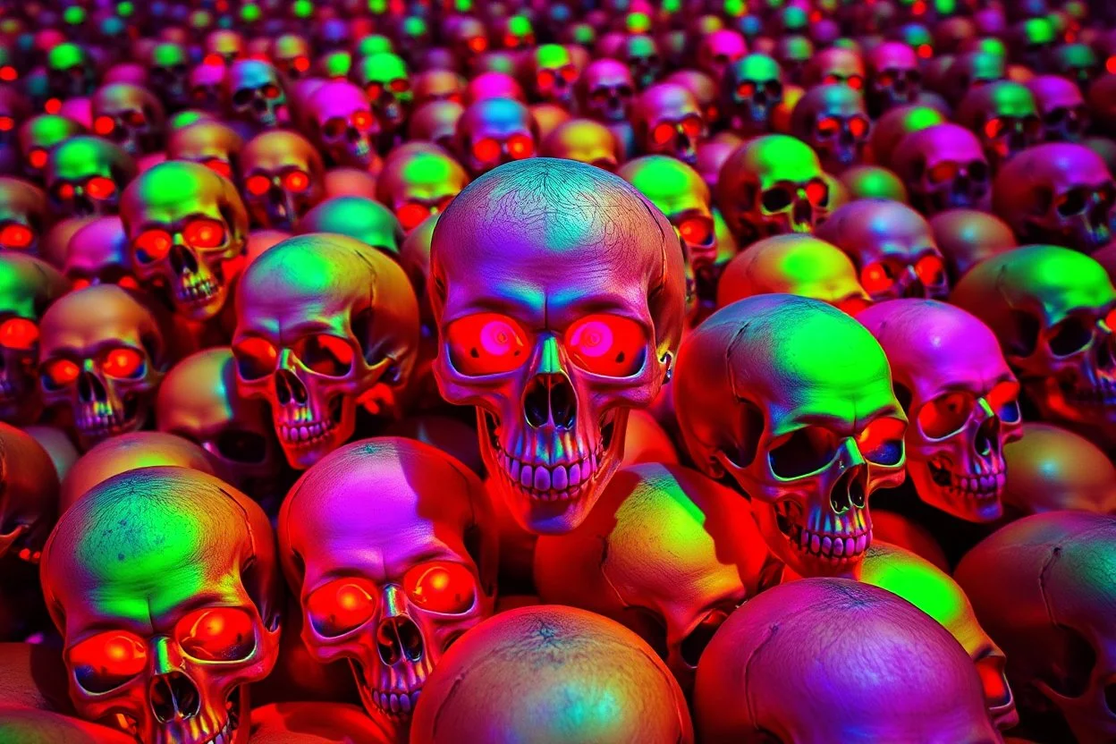 a field of 1000s of psychedelic anatomically correct, skulls, vivid RANDOM BRIGHT neon colors, dark comedy, well lit, high detail, photorealistic, horrorcore, fun, scary, none featured, each a different color or hue,