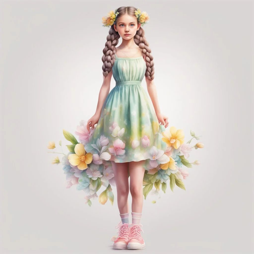 Isolated on white background, Beautiful, full body, spring inspired girl with big double braids, wearing a mid thigh spring dress in pasted easter colors, barefeet, airbrush illustration, high resolution, 8K, no background, no shadow