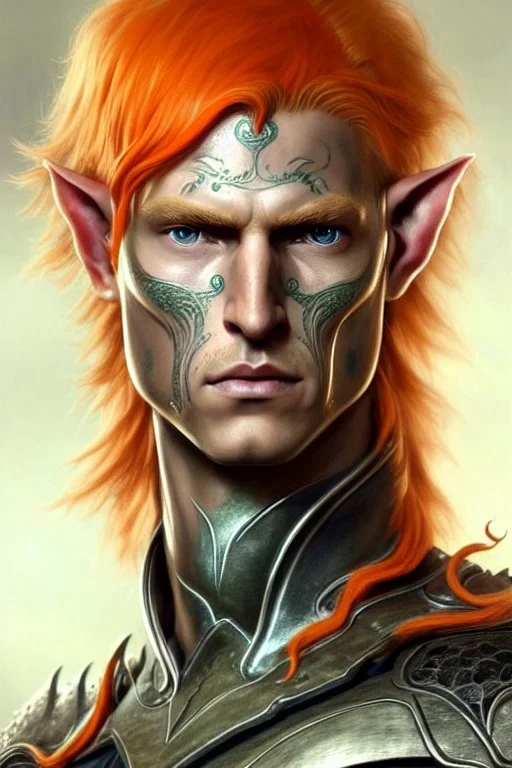 portrait painting of an elven young man with short light orange hair and freckles and tree tattoos on his cheekbones light armor, full body, ultra realistic, concept art, intricate details, eerie, highly detailed, photorealistic, octane render, 8 k, unreal engine. art by artgerm and greg rutkowski and charlie bowater and magali villeneuve and alphonse mucha