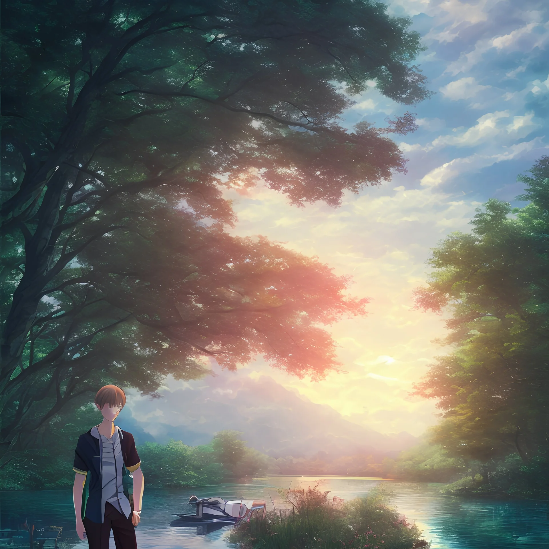 In the anime, a young male character is near the green lake in the sunset afternoon.