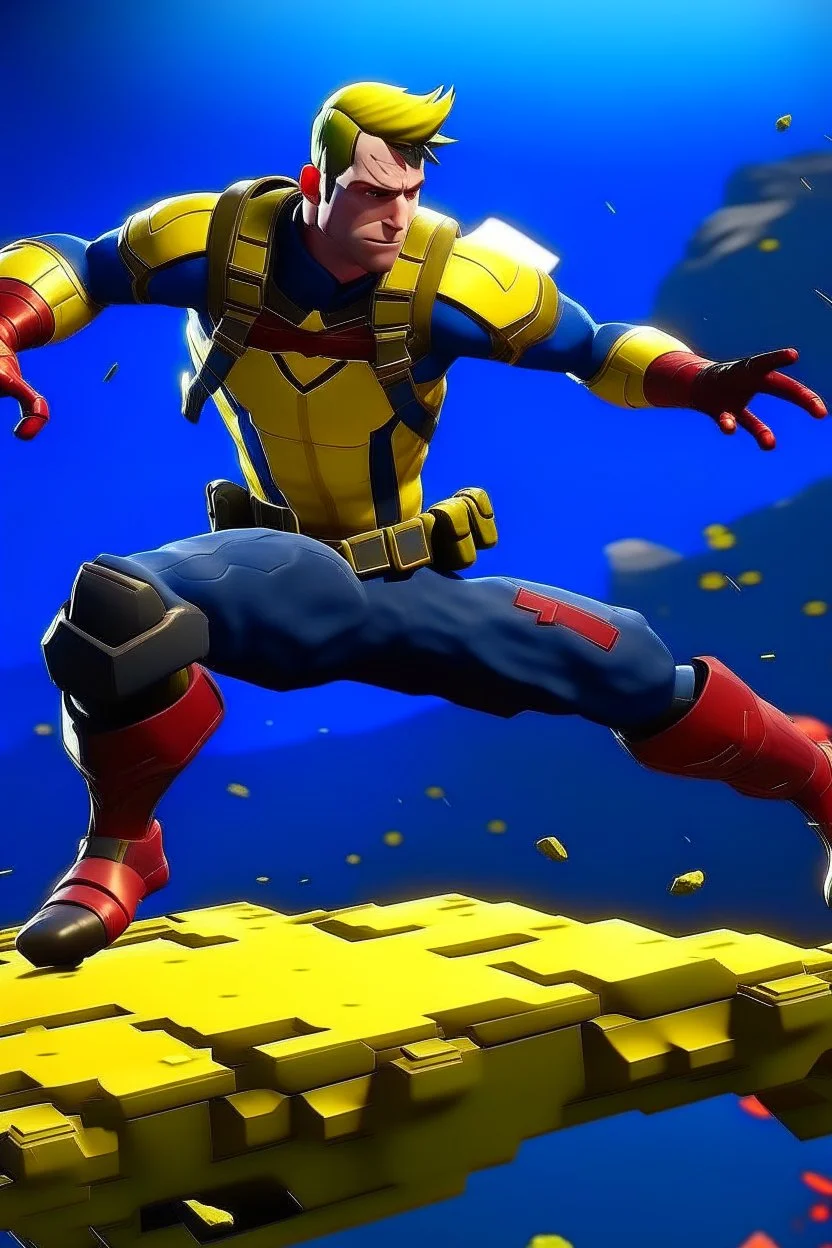 Create a picture of captain america falling from the skye to a pit next to reverse Flash animated like fortnite