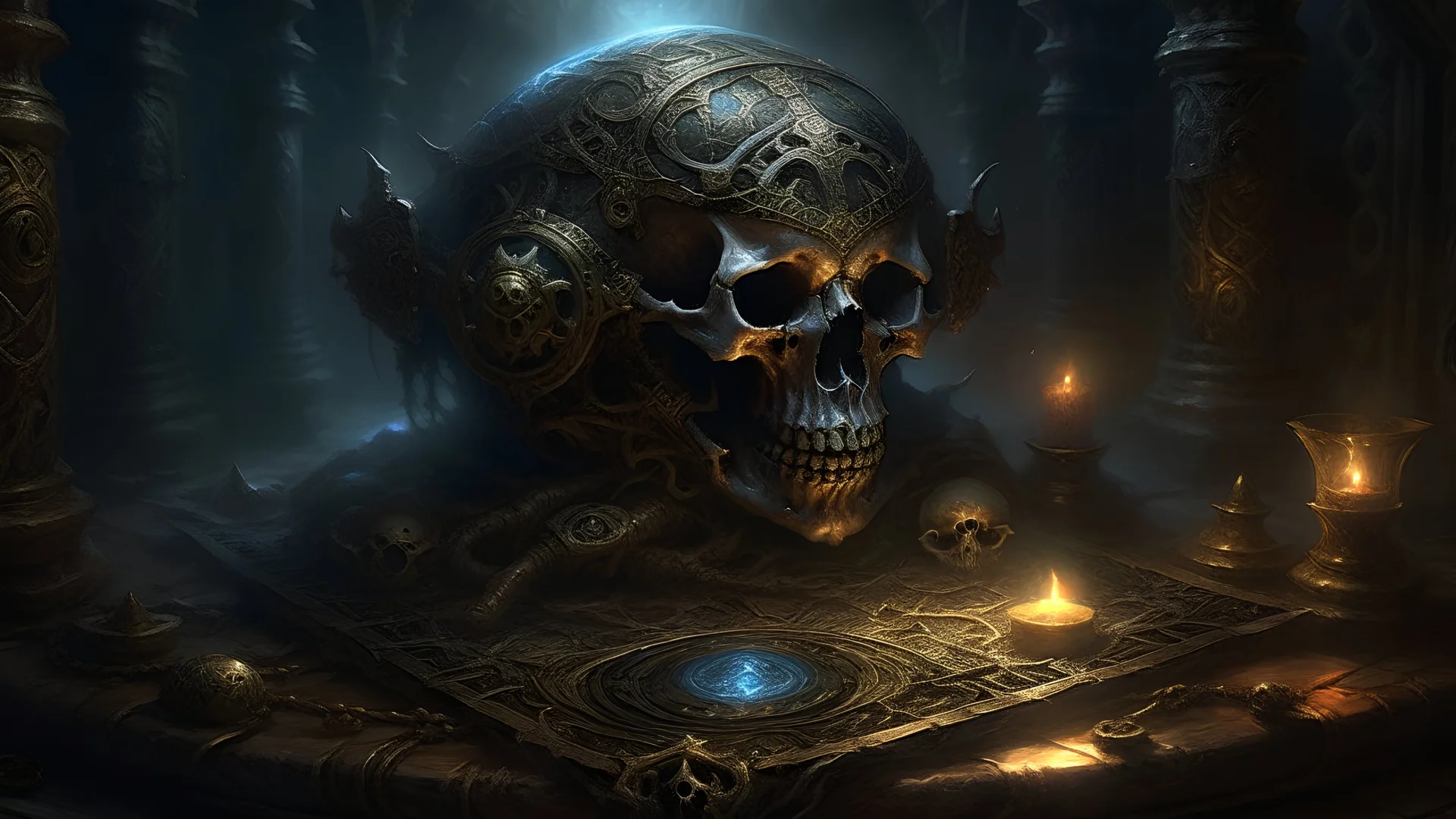 Dark fantasy concept art, highly detailed cursed artifact with glowing runes and intricate designs, by Kekai Kotaki and Brom, realistic painting style with oil paint texture, ominous lighting and atmosphere.