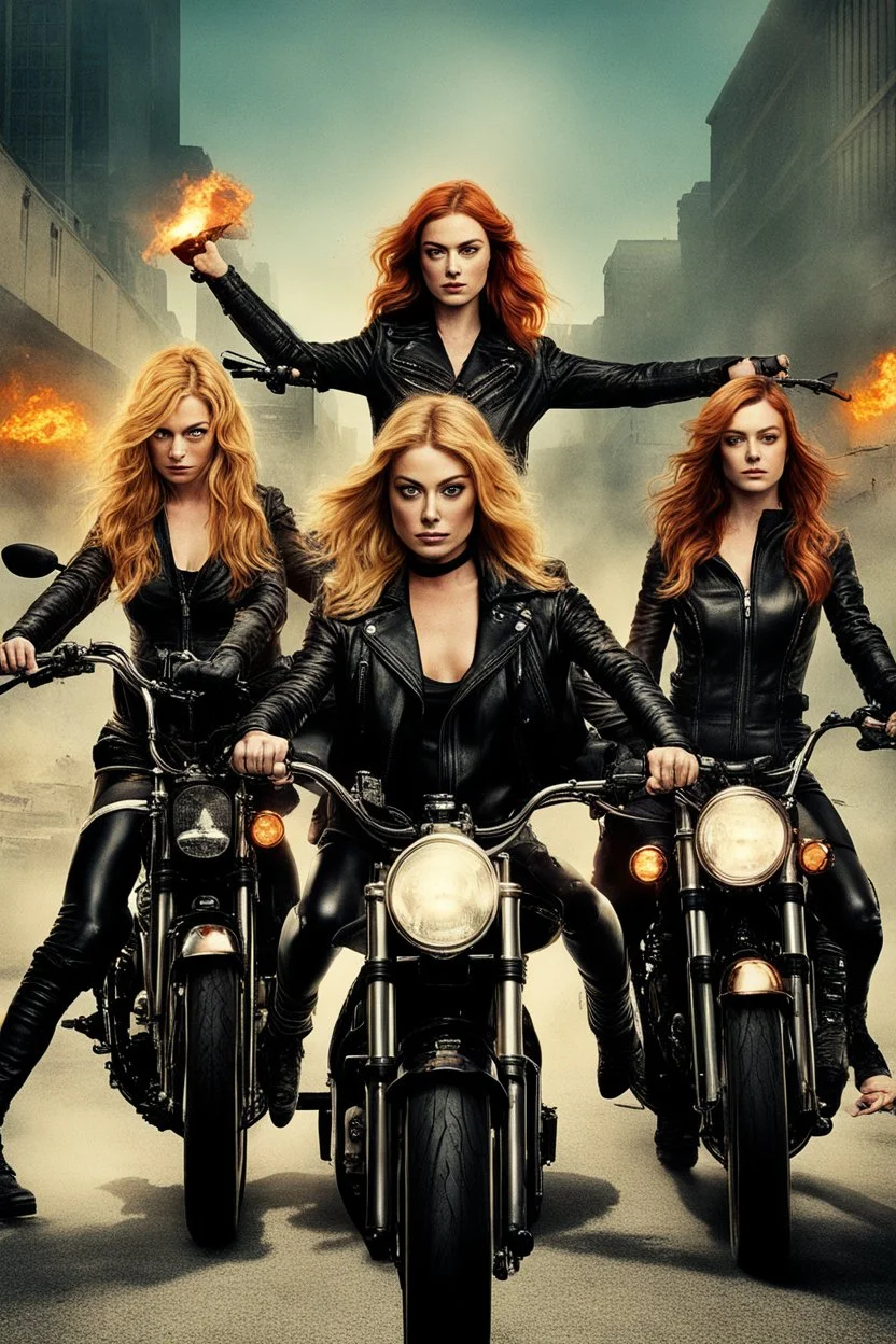 Poster for an action film called "The Motorbike Girls" starring Katherine McNamara, Margot Robbie and Georgia Henshaw wearing tight leather catsuits.
