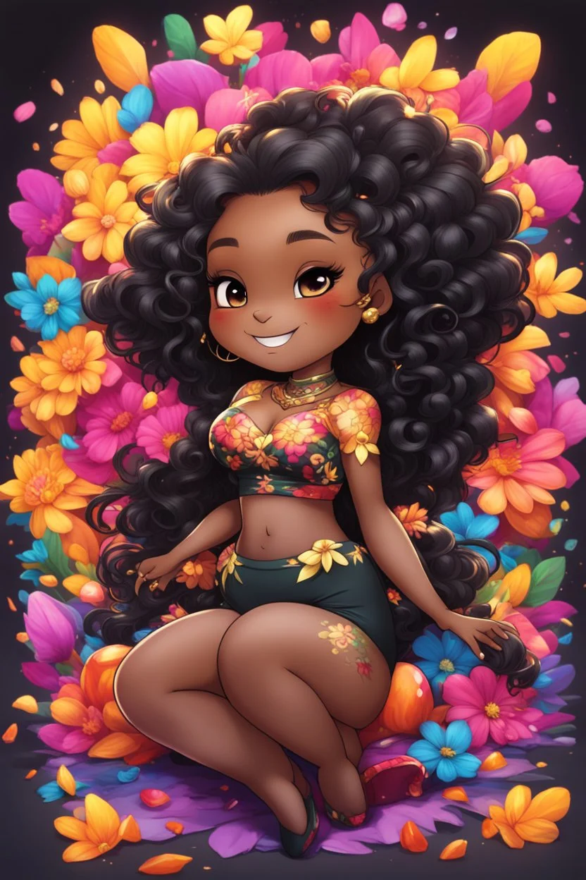 A sassy thick-lined airbrushed cartoon black chibi girl lounging lazily on her side, surrounded by colorful flower petals. She has a golden lion tail curling playfully behind her curvy body. Looking up coyly, she grins widely, showing teeth. Her poofy hair forms a mane framing her confident, regal expression.