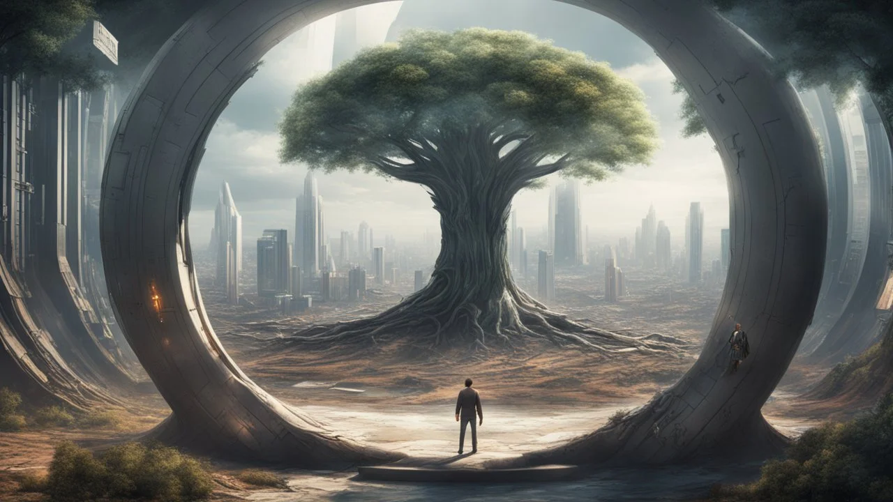 the last tree on earth, view from a far, portal to a space near the tree on the left, on the right city of the future year 4222, very realistic,