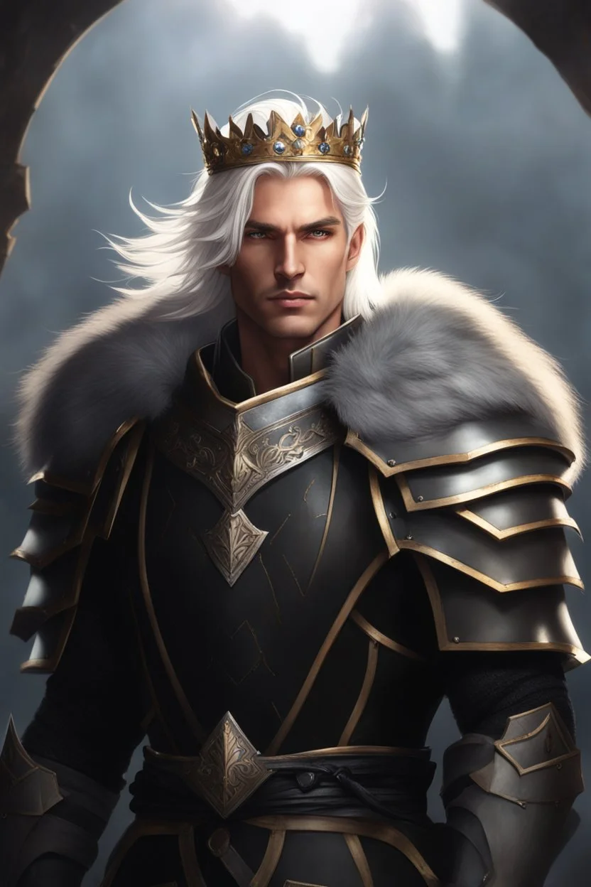 Male Tan Human, White Hair, Handsome Face, Wearing A Magical Crown, Black Heavy Armour, Dark colours theme, Dark Background, Paladin Greatsword Strapped to his Back