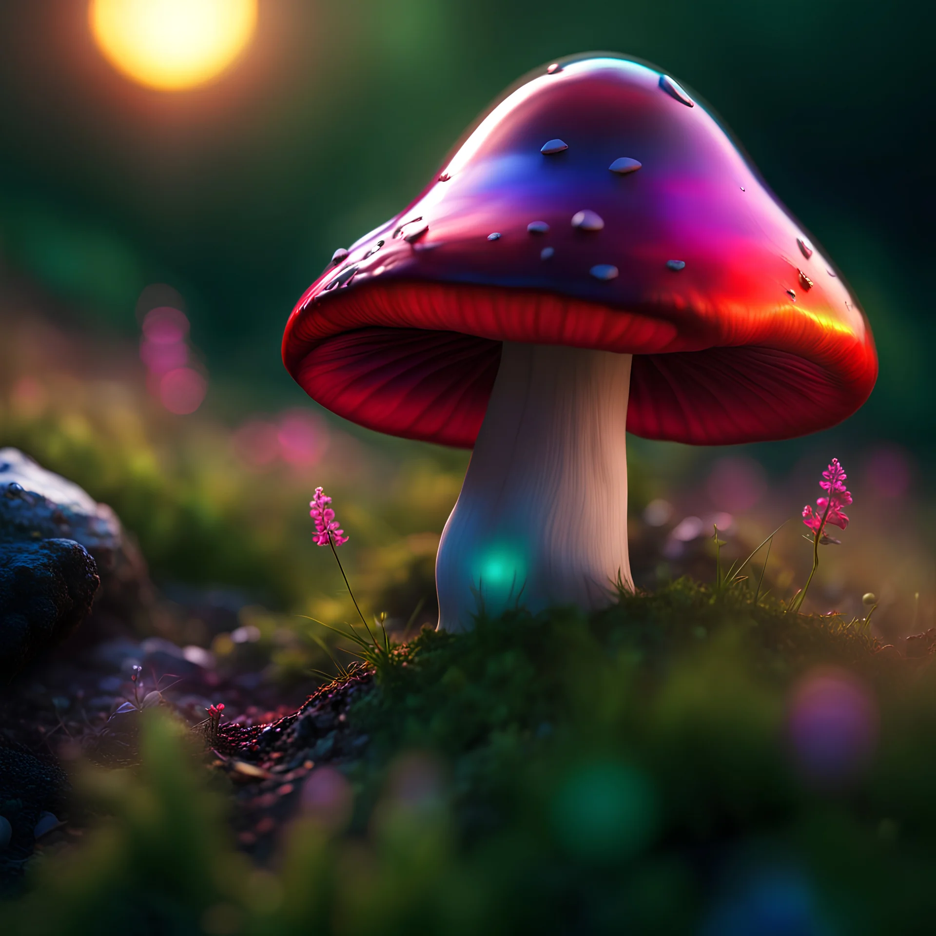 Mushroom home overlooking a ravine. black, deep cherry red, iridescent rainbow and dayglo colors. Illuminated sunrise tundra. professional photography, fantastical, intricate detail, broken blurred background, hyperdetailed, insane depth, voluminous lighting, concept art, 8k resolution, trending on artstation