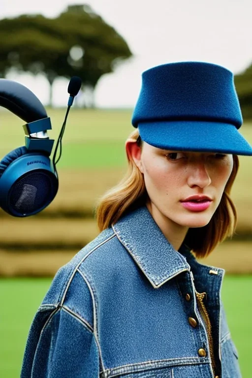 Fresh woman, no make-up, plum-blue-camouflage jacket. Old-fashioned things like CD's, microphone integrated to mask! Wool visor to tippet, AKG headphones, golden rings. materials are denim, leather and felt cloth mixed. Fashion 1990's. Venue is a small old farm attached to the nature, Chicken and cockatoo, Natural Light. Possible colors: Cream white, zinc plate, red ochre, ochre. Thick tights. Thick calves. wide hip