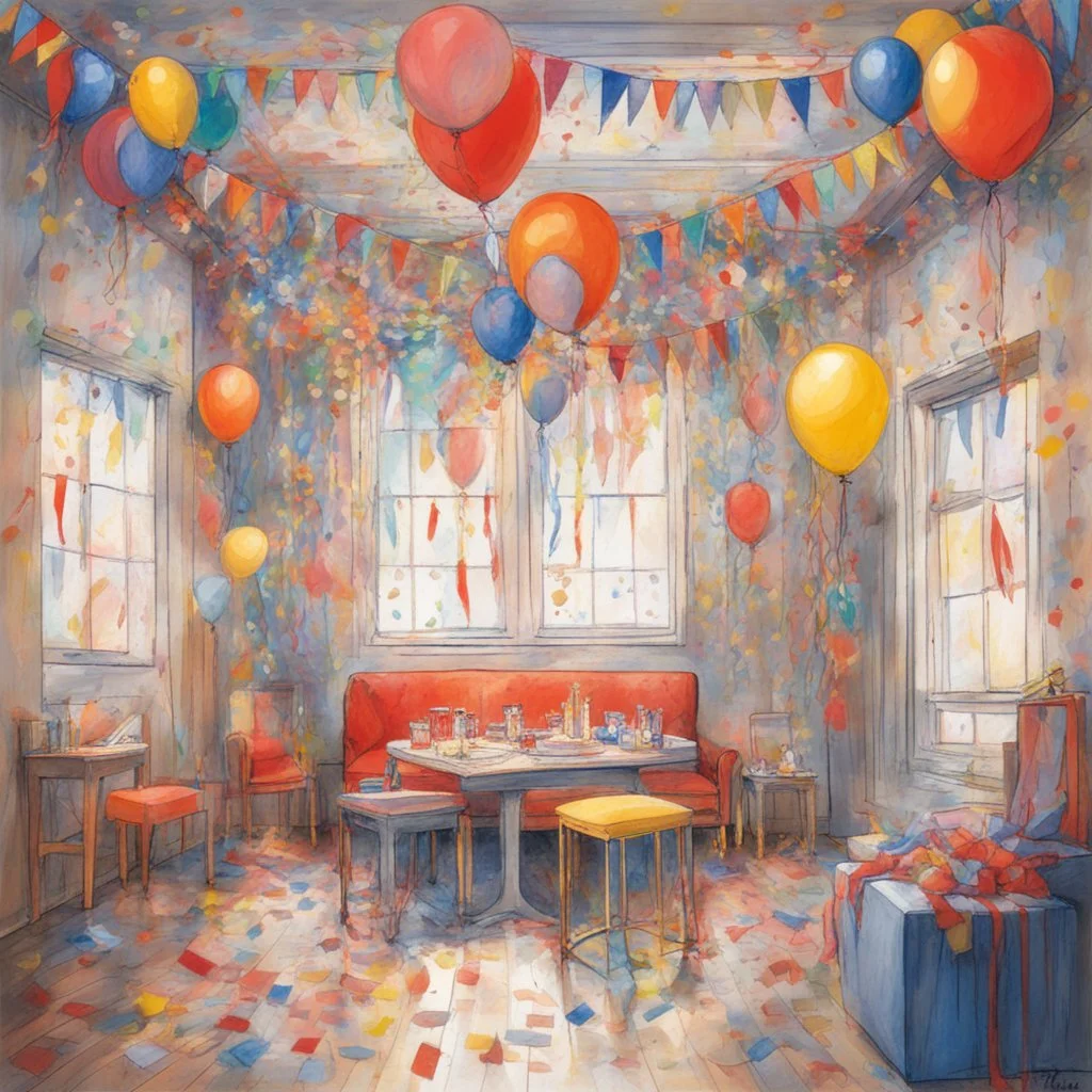 drawing of the interior of a birthday room with garlands, pennants, balloons, confetti, party spirit, music and colored lights, in the style of jasper johns