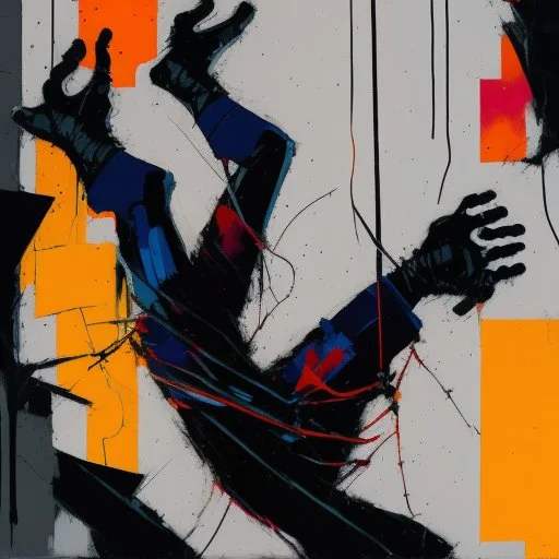 Minimal abstract oil painting of a falling person limbs sinew twisted .triadic colour. Amongst concrete fragments brutalist architecture and hanging wires illuminated at night. In the style of Justin Mortimer and Phil Hale and Ashley Wood