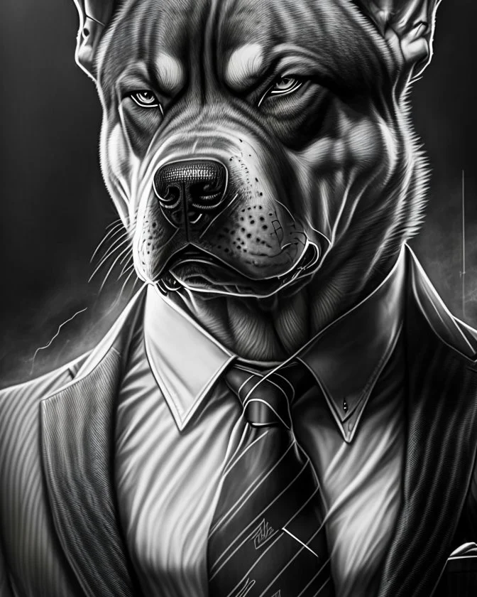 Illustrative sketch of a image of an angry humanoid dog, suit and tie, arte lineal ultra quality, 8k, cabeza completa, cabeza completa