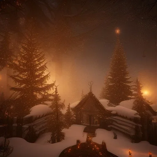 Mysterious christmas night, surreal atmosphere, cosmic backdrop, celestial ambience, soft lighting, very chilly appearance of the surroundings, unreal engine 5 volumetric lighting, intricate details, realistic style, 8k resolution