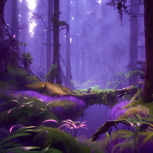 dynamic lighting, Intricately detailed, Splash screen art, deep color, Unreal Engine, volumetric lighting, purple forest,