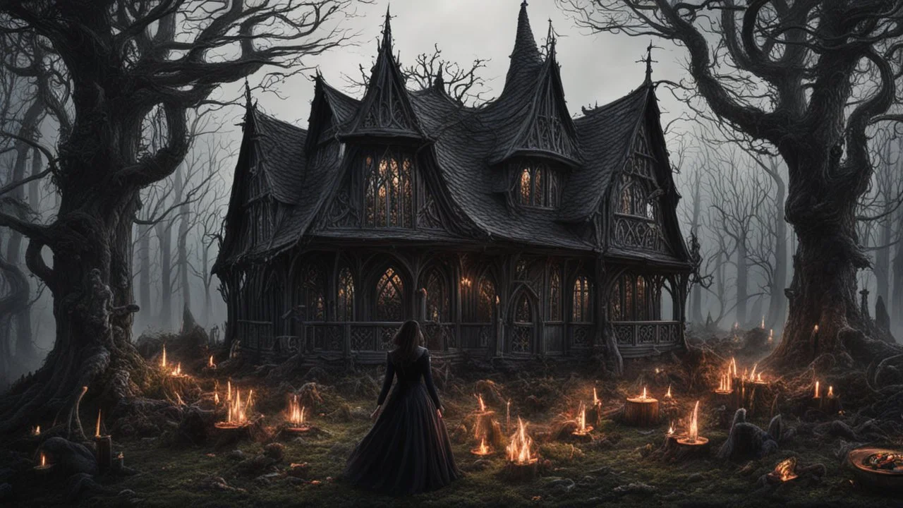 A gothic woodland house with a coven of witches dancing in front of it.