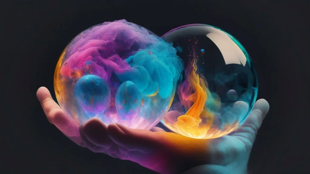 A single crystal ball to look into the future, hands around the ball, smoke appearing inside the ball, pink, dark blue, orange, yellow, aqua blue, very detailed and realistic