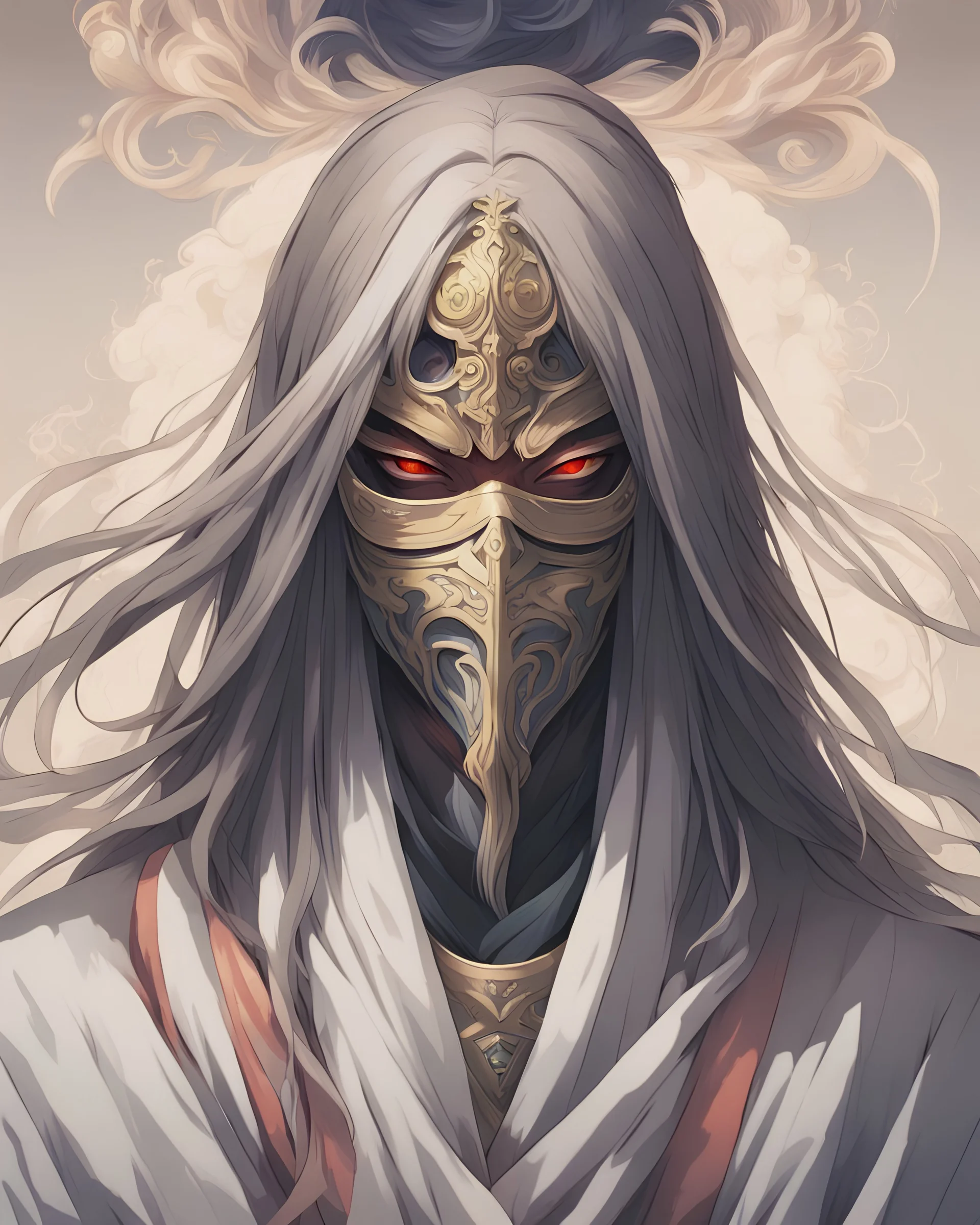 portrait of an anime deity with long hair and face hidden behind a mask or cloth (image length should be till shoulder level)