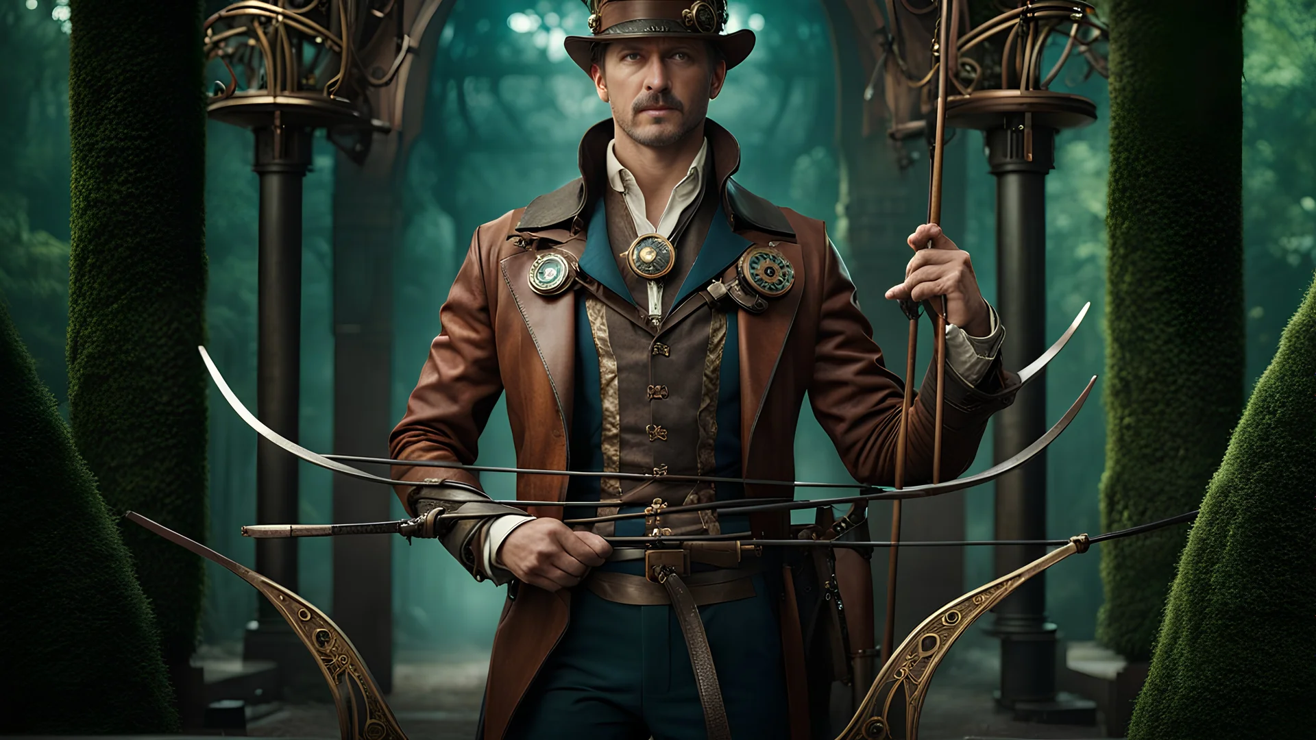 High-end hyperrealism Bekim Fehmiu holding Odissea's bow, Steampunk-inspired cinematic photography, symmetry forest alley background, Aesthetic combination of metallic sage green and titanium blue, Vintage style with brown pure leather accents, Art Nouveau visuals with Octane Render 3D tech, Ultra-High-Definition (UHD) cinematic character rendering, Detailed close-ups capturing intricate beauty, Aim for hyper-detailed 8K