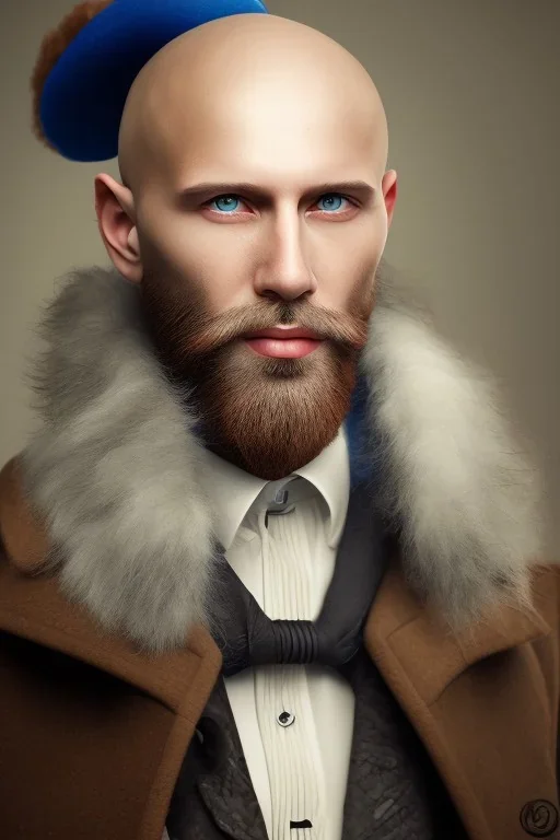 White skin bald man with brown beard and blue eyes in elegant coat and hat