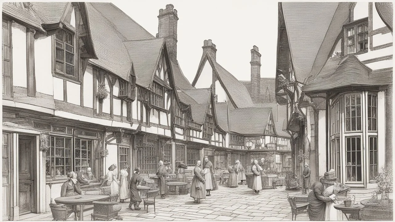 A Paved Courtyard, With Tudor Gothic Houses, Tall twisted Chimneys, twisted Roofs, People, Shops,