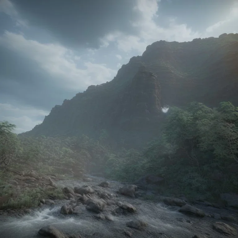 waterfall on the right, mountain around, cloudy, river