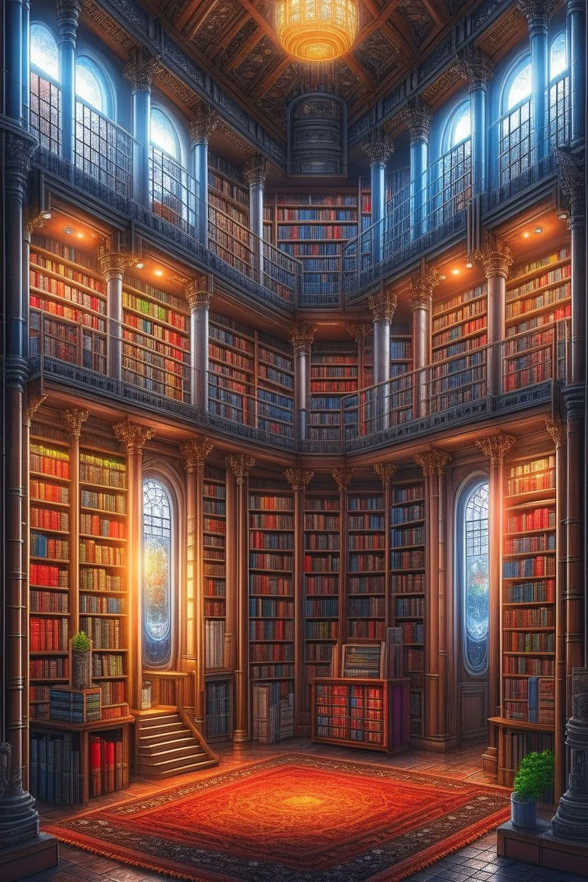 fantasy illustration of science fiction library, decorated in science fiction style with lot of books, trending on artstation, sharp focus, studio photo, intricate details, highly detailed