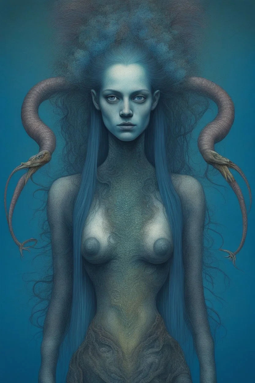 A beautiful girl with a colorful peacock long hair , snake like full body, front view . decayed and rotting with grotesque proportions and imagery. grotesqueries, detailed texture, surreal horror, biomechanical design, by hr giger and beksinski , on blue color