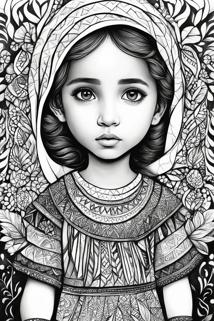 An abstract and expressive interpretation of a palestinian little girl features for coloring book