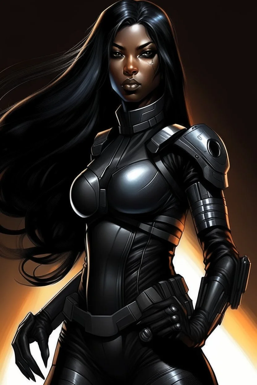 A dark-skinned space warrior woman with long black hair, wearing a black leather catsuit and carrying a plasma rifle