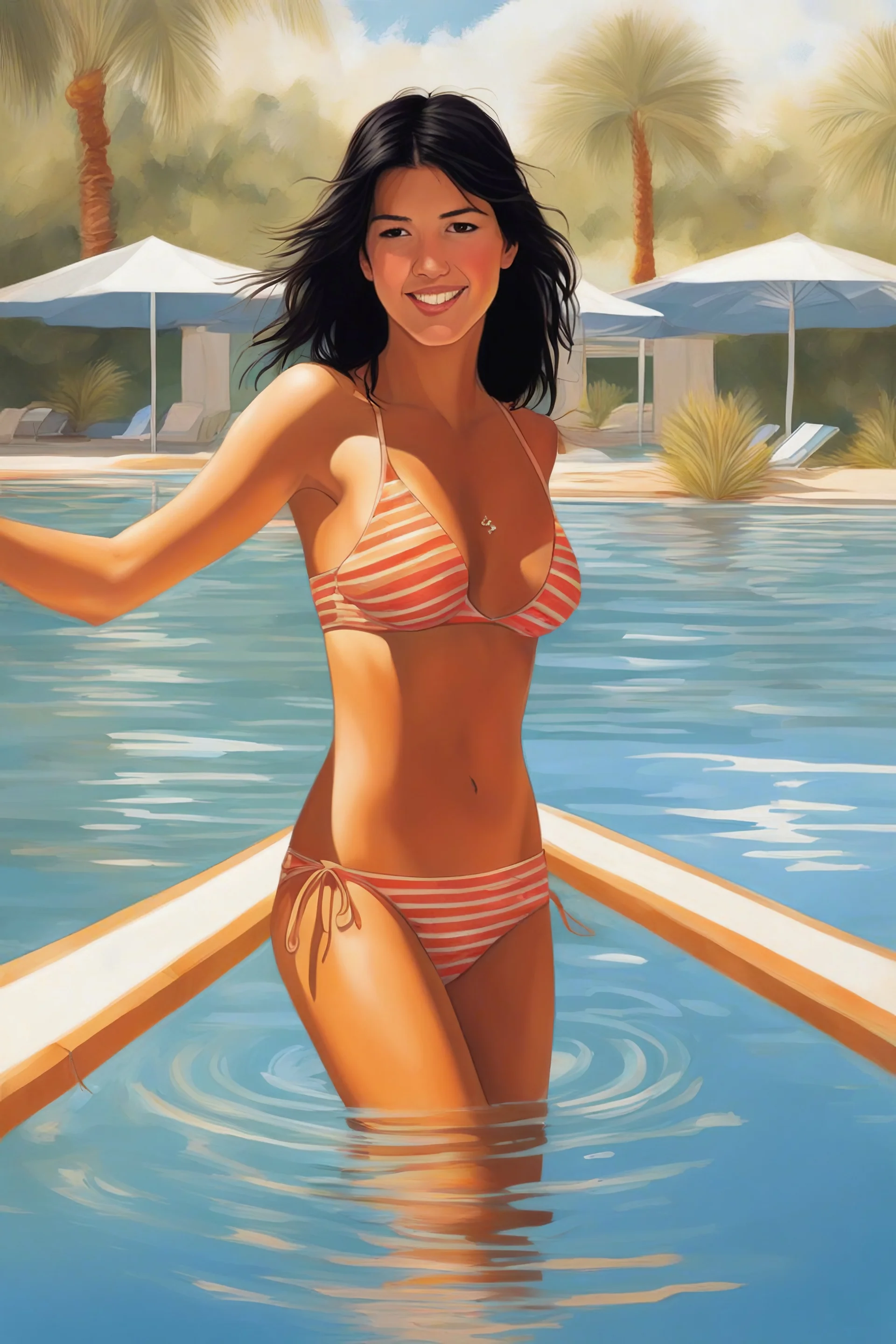 Photorealistic, hyperrealism, Dazzling, Complex, dramatic, bold, attractive Phoebe Cates, perfect, Athletic, toned body with tanned skin, perfectly formed body, at the swimming pool, extremely detailed