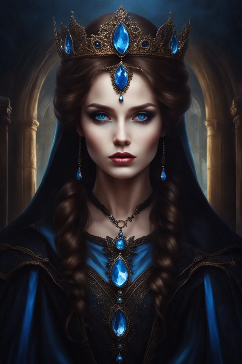 painted portrait of a young gothic queen with brown hair and blue eyes, very beautiful, dark fantasy