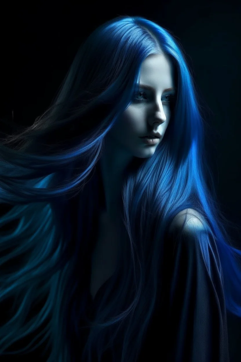 female blue ghost, long hair, beautiful, dark style