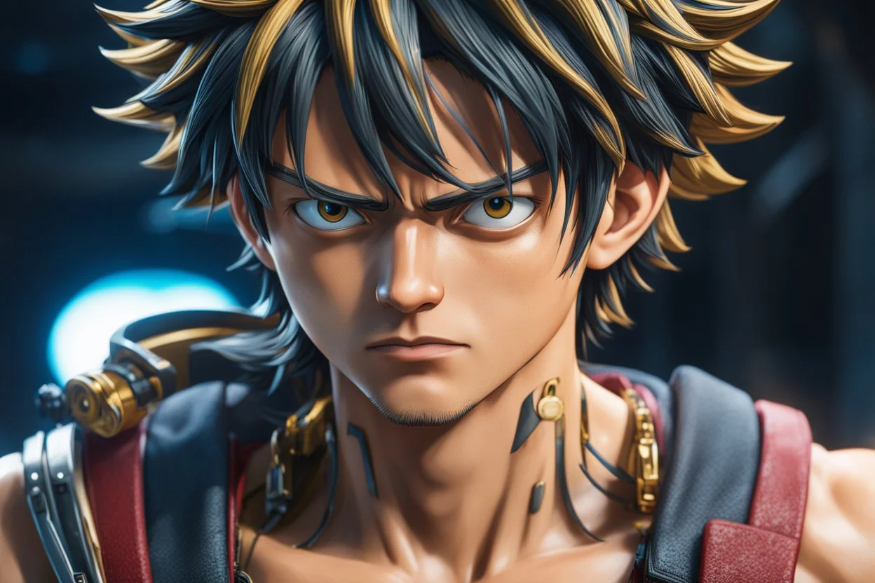 Luffy Body parts mechanism in 8k live action anime artstyle, one piece them, Young man, cyberpunk, dynamic pose, intricate details, highly detailed, high details, detailed portrait, masterpiece,ultra detailed, ultra quality