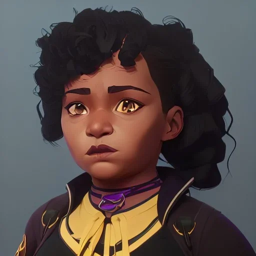 Portrait of a sweet chubby black 10 year old girl warlock with black curly hair